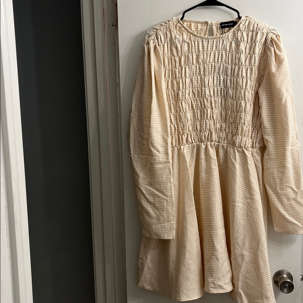 PrettyLittleThing Beige Gingham Smocked Dress